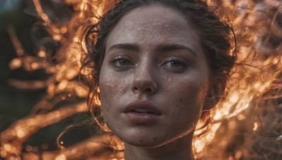 1girl,solo,looking at viewer,brown hair,black hair,brown eyes,parted lips,blurry,lips,grey eyes,blurry background,portrait,freckles,realistic,nose,dirty,short hair,teeth,eyelashes,looking up,close-up,dirty face