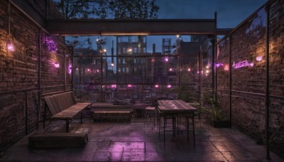 outdoors,sky,cloud,indoors,tree,no humans,window,night,chair,table,plant,building,star (sky),night sky,scenery,stairs,city,sign,door,railing,light,road,lamp,bench,cityscape,brick wall,stool,lamppost,neon lights,book,tiles,dark,tile floor