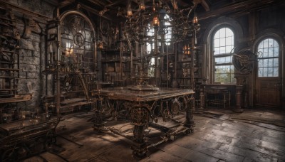 day,indoors,book,no humans,window,chair,table,sunlight,plant,scenery,wooden floor,stairs,fantasy,door,clock,bookshelf,lamp,candle,gears,arch,candlestand,chandelier,globe,steampunk,lantern,railing,tile floor