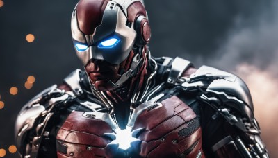 solo,blue eyes,1boy,upper body,male focus,armor,blurry,glowing,helmet,glowing eyes,science fiction,superhero,power armor,mask,portrait,lens flare