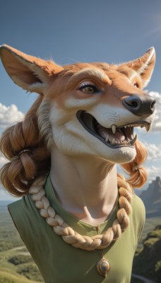 1girl,solo,long hair,smile,open mouth,brown hair,shirt,animal ears,brown eyes,jewelry,upper body,braid,outdoors,sky,teeth,day,artist name,cloud,signature,necklace,blurry,twin braids,blue sky,fox ears,blurry background,fangs,looking up,fox girl,portrait,furry,mountain,realistic,green shirt,furry female,body fur,animal nose,snout,sharp teeth,green dress