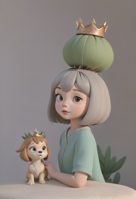 1girl,solo,looking at viewer,blush,smile,short hair,bangs,simple background,brown hair,shirt,brown eyes,closed mouth,upper body,short sleeves,grey hair,artist name,grey background,from side,lips,animal,table,bob cut,crown,blue shirt,child,personification,freckles,dog,female child,humanization,multiple girls,2girls,animal ears,sitting,looking at another,black eyes,plant,dog ears,furry,nose,green shirt,furry female