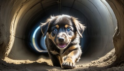 HQ,solo,looking at viewer,open mouth,blue eyes,tongue,indoors,signature,tongue out,no humans,animal,fangs,dog,realistic,animal focus,teeth,glowing,claws