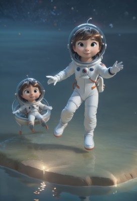 looking at viewer,smile,short hair,multiple girls,brown hair,black hair,gloves,2girls,brown eyes,ahoge,white gloves,water,black eyes,helmet,star (sky),floating,reflection,realistic,space,spacecraft,spacesuit,space helmet,astronaut,1girl,bangs,1boy,full body,parted lips,signature,moon