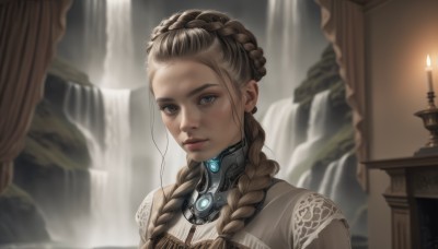 1girl,solo,long hair,looking at viewer,blue eyes,brown hair,dress,upper body,braid,parted lips,water,blurry,twin braids,lips,grey eyes,blurry background,portrait,hair over shoulder,freckles,realistic,nose,candle,waterfall,blush,jewelry,closed mouth,necklace,mole,makeup,depth of field,lipstick,gem,forehead,red lips,multiple braids