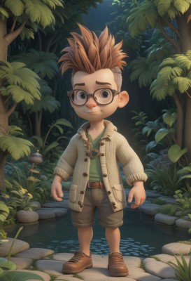 solo,looking at viewer,smile,brown hair,shirt,long sleeves,1boy,brown eyes,jewelry,closed mouth,standing,jacket,full body,male focus,multicolored hair,outdoors,open clothes,shoes,glasses,shorts,belt,necklace,tree,night,buttons,brown footwear,cardigan,grass,plant,spiked hair,child,nature,forest,black-framed eyewear,rock,green shirt,male child,mushroom,brown shorts,blue eyes,artist name,water,open jacket,sneakers,lantern,mohawk,moss