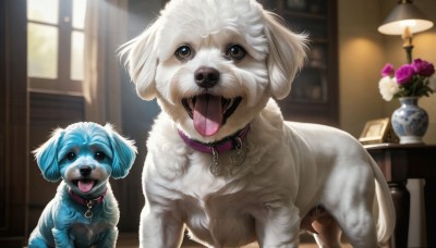 HQ,looking at viewer,open mouth,blue eyes,brown eyes,flower,tongue,indoors,tongue out,blurry,collar,no humans,window,animal,table,dog,realistic,lamp,animal focus,vase,day,book,saliva,blurry background,rose,fangs,chair,sunlight,plant,potted plant,animal collar,flower pot,ceiling light,pet