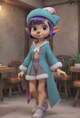 1girl,solo,looking at viewer,smile,short hair,bangs,skirt,long sleeves,hat,brown eyes,jewelry,closed mouth,standing,full body,purple hair,open clothes,shoes,pointy ears,belt,indoors,dark skin,necklace,star (symbol),nail polish,blurry,dark-skinned female,coat,fur trim,chair,table,ring,plant,sneakers,child,red nails,pendant,grey skirt,blue headwear,freckles,open coat,female child,potted plant,lamp,purple footwear,stool,long coat,blue coat,green coat,collarbone,shorts,artist name,flat chest,lips,watermark,bob cut,walking,purple headwear,fur-trimmed sleeves,fur-trimmed coat,no socks,lalafell