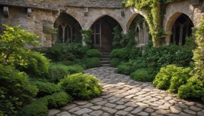 outdoors,day,tree,no humans,window,grass,plant,building,nature,scenery,stairs,door,road,bush,wall,house,path,arch,stone floor,forest,ruins,moss,pavement