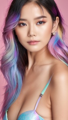 1girl,solo,long hair,breasts,looking at viewer,blue eyes,simple background,black hair,cleavage,bare shoulders,jewelry,medium breasts,closed mouth,underwear,blue hair,collarbone,swimsuit,upper body,purple hair,bikini,multicolored hair,earrings,bra,black eyes,two-tone hair,lips,eyelashes,gradient hair,makeup,pink background,eyeshadow,realistic,nose,eyeliner,blue bra,mascara,large breasts,brown eyes,pink hair,wavy hair,thick eyebrows,forehead