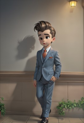 solo,short hair,brown hair,shirt,long sleeves,1boy,brown eyes,standing,jacket,full body,white shirt,male focus,parted lips,necktie,shoes,teeth,collared shirt,pants,indoors,black footwear,black eyes,shadow,formal,suit,plant,blue jacket,red necktie,child,hand in pocket,male child,walking,lamp