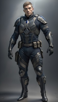 solo,looking at viewer,short hair,blonde hair,brown hair,gloves,1boy,brown eyes,standing,full body,male focus,boots,belt,artist name,signature,armor,bodysuit,pouch,realistic,holster,shirt,closed mouth,pants,muscular,facial hair,black pants,muscular male,shoulder armor,bara,black bodysuit,armored boots,undercut