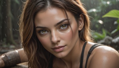 1girl,solo,long hair,looking at viewer,brown hair,bare shoulders,brown eyes,outdoors,parted lips,artist name,blurry,lips,wet,eyelashes,depth of field,blurry background,leaf,plant,wristband,portrait,close-up,freckles,rain,realistic,nose,wet hair,smile,jewelry,earrings,teeth