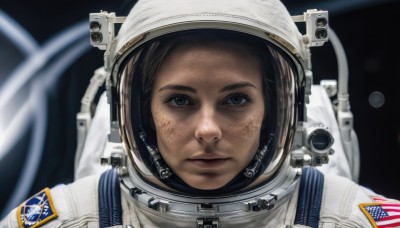 1girl,solo,looking at viewer,brown hair,closed mouth,blurry,black eyes,depth of field,blurry background,helmet,portrait,reflection,realistic,space,straight-on,planet,dirty,american flag,spacesuit,space helmet,astronaut,blue eyes,lips,expressionless,forehead,freckles,science fiction,serious,earth (planet),dirty face,japanese flag