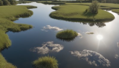 outdoors,sky,day,cloud,water,tree,blue sky,no humans,sunlight,cloudy sky,grass,nature,scenery,forest,reflection,mountain,sun,horizon,river,landscape,lake,reflective water