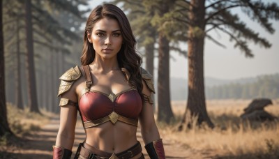 1girl,solo,long hair,breasts,looking at viewer,large breasts,brown hair,navel,cleavage,brown eyes,medium breasts,closed mouth,collarbone,upper body,weapon,outdoors,parted lips,day,midriff,belt,armor,blurry,tree,lips,depth of field,blurry background,wavy hair,grass,shoulder armor,nature,forest,pauldrons,realistic,arms at sides,bikini armor,jewelry,earrings,stomach,sunlight,armlet,backlighting,toned,breastplate,nose