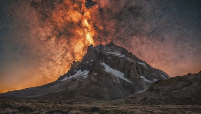 outdoors,sky,no humans,night,fire,star (sky),night sky,scenery,smoke,starry sky,rock,mountain,landscape,burning,molten rock,cloud,milky way