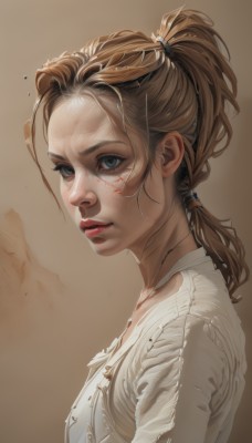 1girl,solo,long hair,looking at viewer,blue eyes,blonde hair,simple background,brown hair,shirt,white shirt,upper body,ponytail,parted lips,from side,lips,grey eyes,eyelashes,blood,brown background,blood on face,realistic,nose,hair tie,gradient background,makeup,lipstick,portrait,red lips