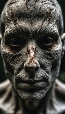 solo,looking at viewer,simple background,1boy,closed mouth,monochrome,male focus,blurry,black eyes,depth of field,facial hair,portrait,beard,close-up,realistic,mustache,bald,old,old man,colored skin