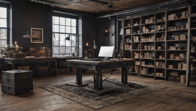 day,indoors,cup,book,no humans,window,chair,table,bottle,plant,box,scenery,wooden floor,door,lamp,candle,stool,shelf,barrel,candlestand,rug,cabinet,wooden table,fireplace,crate,desk,bookshelf,computer,chandelier