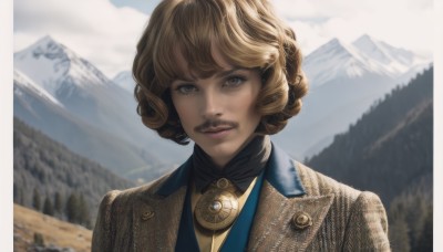 1girl,solo,looking at viewer,smile,short hair,bangs,blonde hair,brown hair,1boy,brown eyes,closed mouth,jacket,upper body,male focus,outdoors,sky,day,cloud,blurry,lips,blurry background,facial hair,portrait,curly hair,mountain,realistic,nose,mustache,mountainous horizon,tree,blue sky,cloudy sky,scenery