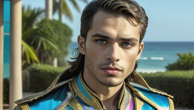 HQ,solo,looking at viewer,blue eyes,brown hair,black hair,1boy,closed mouth,jacket,male focus,outdoors,sky,day,water,blurry,tree,blue sky,lips,grey eyes,depth of field,blurry background,facial hair,ocean,beach,portrait,beard,epaulettes,realistic,nose,mustache,palm tree,stubble,freckles