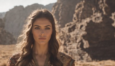 1girl,solo,long hair,looking at viewer,brown hair,black hair,brown eyes,upper body,outdoors,parted lips,day,blurry,lips,depth of field,blurry background,wavy hair,portrait,curly hair,realistic,nose,closed mouth,dark skin,dark-skinned female,sunlight,thick eyebrows,desert