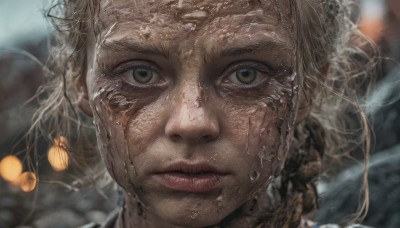 1girl,solo,looking at viewer,blonde hair,brown eyes,closed mouth,green eyes,tears,blurry,lips,wet,eyelashes,depth of field,blurry background,portrait,close-up,freckles,realistic,nose,jewelry,earrings,dirty