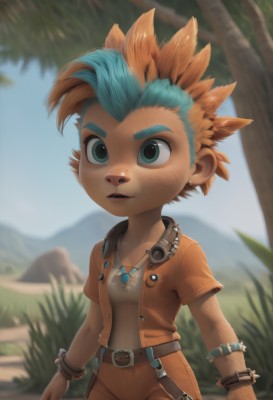 solo,short hair,blue eyes,shirt,1boy,jewelry,green eyes,blue hair,jacket,male focus,multicolored hair,earrings,outdoors,parted lips,open clothes,day,belt,artist name,necklace,orange hair,blurry,bracelet,tree,blurry background,grass,spiked hair,child,furry,freckles,furry male,male child,mohawk,1girl,open mouth,short sleeves,sky,teeth,two-tone hair,watermark,buckle,belt buckle