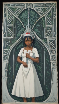 1girl,solo,looking at viewer,short hair,black hair,dress,holding,jewelry,closed mouth,standing,collarbone,full body,weapon,short sleeves,earrings,barefoot,dark skin,holding weapon,white dress,black eyes,dark-skinned female,crown,knife,plant,holding knife,dagger,tarot,art nouveau,brown eyes,parted lips,fingernails,leaf,border,hoop earrings