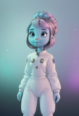 1girl,solo,smile,short hair,blue eyes,gloves,long sleeves,closed mouth,blue hair,standing,pink hair,hairband,gradient,gradient background,colored skin,blue skin,arms at sides,blue gloves,female child,space,alien,spacesuit,space helmet,astronaut,purple hair,multicolored hair,artist name,two-tone hair,lips,bodysuit,cameltoe,jumpsuit