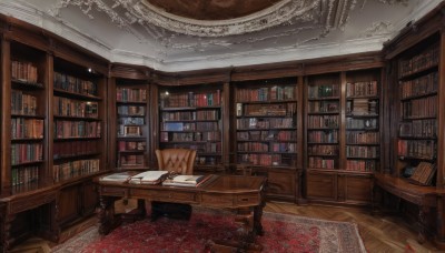 indoors,book,no humans,chair,table,scenery,desk,wooden floor,paper,open book,bookshelf,shelf,book stack,library,ladder,carpet,rug,globe,couch