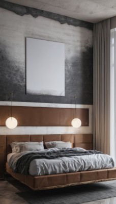 indoors,pillow,no humans,window,bed,shadow,bed sheet,on bed,curtains,scenery,wooden floor,lamp,wall,bedroom,still life,door,ceiling light