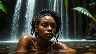 HQ,1girl,solo,looking at viewer,short hair,black hair,bare shoulders,brown eyes,jewelry,collarbone,earrings,outdoors,shiny,dark skin,water,blurry,black eyes,dark-skinned female,tree,lips,wet,makeup,nature,partially submerged,realistic,nose,bathing,wet hair,waterfall,very dark skin,dreadlocks,swimsuit,upper body,bikini,shiny skin