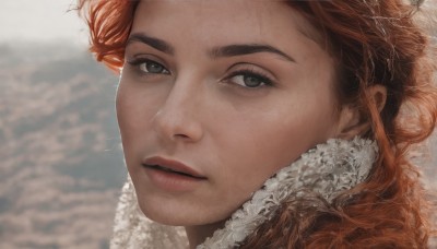 1girl,solo,long hair,looking at viewer,brown hair,outdoors,parted lips,signature,blurry,black eyes,lips,grey eyes,eyelashes,blurry background,portrait,close-up,freckles,curly hair,realistic,nose,red hair,orange hair