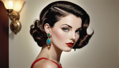 1girl,solo,looking at viewer,short hair,blue eyes,brown hair,black hair,dress,bare shoulders,jewelry,closed mouth,earrings,hair bun,from side,lips,grey eyes,eyelashes,makeup,red dress,single hair bun,lipstick,portrait,red lips,eyeshadow,realistic,candle