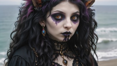 1girl,solo,long hair,looking at viewer,black hair,animal ears,brown eyes,jewelry,yellow eyes,upper body,purple hair,earrings,outdoors,horns,choker,day,water,necklace,blurry,lips,orange eyes,eyelashes,makeup,depth of field,blurry background,ocean,fangs,wavy hair,facial mark,beach,piercing,lipstick,slit pupils,messy hair,gem,portrait,eyeshadow,curly hair,purple lips,mascara,black lips,dress,multicolored hair,parted lips,cat ears,streaked hair,pale skin,close-up,realistic,eyeliner,gothic