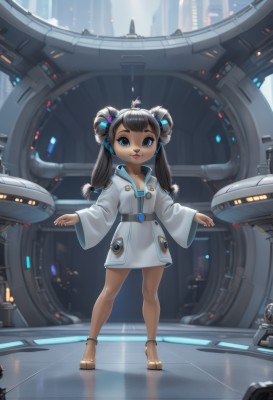 1girl,solo,long hair,looking at viewer,smile,bangs,brown hair,black hair,hair ornament,long sleeves,dress,twintails,brown eyes,closed mouth,standing,collarbone,full body,dark skin,wide sleeves,white dress,dark-skinned female,lips,double bun,short dress,sandals,robot,child,reflection,science fiction,legs apart,female child,reflective floor,breasts,blue eyes,ahoge,belt