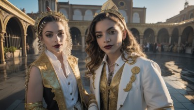 long hair,looking at viewer,smile,multiple girls,brown hair,shirt,black hair,2girls,brown eyes,jewelry,closed mouth,jacket,white shirt,upper body,earrings,outdoors,sleeveless,day,necklace,black eyes,vest,lips,makeup,wavy hair,white jacket,tiara,crown,lipstick,building,curly hair,gold trim,realistic,red lips,architecture,dress,parted lips,detached sleeves,sky,collared shirt,mole,blurry,buttons,siblings,formal,sunlight,suit,backlighting,hoop earrings,shade,dappled sunlight