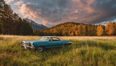 outdoors,sky,day,cloud,tree,blue sky,no humans,cloudy sky,grass,ground vehicle,nature,scenery,motor vehicle,forest,mountain,car,road,field,vehicle focus,evening,landscape,mountainous horizon,sports car