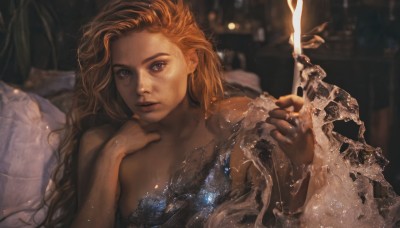 1girl,solo,long hair,looking at viewer,blue eyes,blonde hair,holding,bare shoulders,upper body,nude,orange hair,blurry,lips,grey eyes,freckles,realistic,breasts,brown hair,nail polish,fingernails,depth of field,blurry background,black nails,light particles,nose,candle,hand on own shoulder