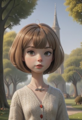 1girl,solo,looking at viewer,short hair,bangs,brown hair,shirt,brown eyes,jewelry,upper body,outdoors,parted lips,sky,teeth,day,artist name,necklace,blurry,tree,blue sky,lips,buttons,depth of field,blurry background,bob cut,cardigan,grass,building,pendant,freckles,realistic,nose,castle,green eyes,collarbone,eyelashes,thick eyebrows