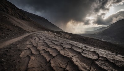 outdoors,sky,day,cloud,dutch angle,no humans,ocean,cloudy sky,scenery,rock,mountain,horizon,landscape,cliff,sunlight,sand,road,mountainous horizon,desert