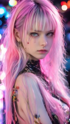 1girl,solo,long hair,breasts,looking at viewer,bangs,blue eyes,bare shoulders,jewelry,closed mouth,green eyes,upper body,pink hair,multicolored hair,earrings,sleeveless,blunt bangs,blurry,from side,two-tone hair,lips,eyelashes,tattoo,makeup,depth of field,blurry background,realistic,nose,bokeh,dress,parted lips,artist name,necklace,see-through,looking to the side,wavy hair,facial mark,expressionless,lipstick,gem,eyeshadow,pink lips,eyeliner,facial tattoo,mascara