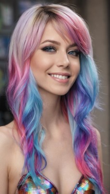 1girl,solo,long hair,breasts,looking at viewer,smile,bangs,blue eyes,cleavage,bare shoulders,medium breasts,blue hair,collarbone,swimsuit,upper body,pink hair,bikini,multicolored hair,teeth,grin,blurry,two-tone hair,lips,eyelashes,gradient hair,makeup,blurry background,multicolored clothes,eyeshadow,freckles,realistic,nose,mascara,multicolored bikini,open mouth,braid,artist name,swept bangs,watermark,bikini top only,web address