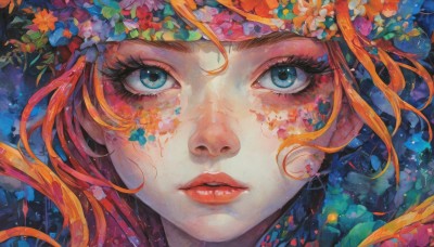 1girl,solo,long hair,looking at viewer,blue eyes,flower,red hair,parted lips,orange hair,lips,eyelashes,makeup,floating hair,portrait,close-up,red lips,head wreath,colorful,orange flower,eye focus,bangs,leaf,traditional media,plant,painting (medium),watercolor (medium)