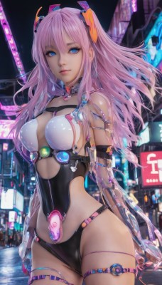 1girl,solo,long hair,breasts,looking at viewer,blue eyes,large breasts,gloves,cleavage,bare shoulders,medium breasts,standing,pink hair,cowboy shot,leotard,lips,see-through,thigh strap,headgear,revealing clothes,science fiction,city,cyberpunk,bangs,hair ornament,thighhighs,hair between eyes,closed mouth,swimsuit,outdoors,elbow gloves,blurry,night,glowing,building,skin tight,realistic,arms at sides,city lights,neon lights