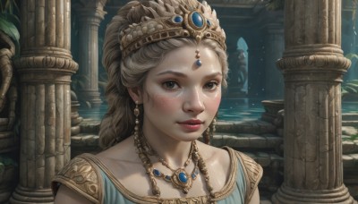 1girl,solo,long hair,looking at viewer,blonde hair,brown hair,dress,brown eyes,jewelry,closed mouth,collarbone,upper body,braid,earrings,water,necklace,lips,grey eyes,makeup,blue dress,tiara,crown,gem,portrait,freckles,realistic,pillar,column,blush,eyelashes,plant,red lips