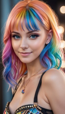 1girl,solo,long hair,breasts,looking at viewer,smile,bangs,blue eyes,blonde hair,cleavage,bare shoulders,jewelry,medium breasts,closed mouth,underwear,blue hair,collarbone,upper body,pink hair,multicolored hair,earrings,small breasts,artist name,necklace,bra,orange hair,blurry,two-tone hair,lips,eyelashes,gradient hair,makeup,depth of field,blurry background,watermark,piercing,black bra,gem,web address,pendant,eyeshadow,freckles,pink lips,realistic,nose,eyeliner,bokeh,mascara,rainbow hair,streaked hair,lipstick,multicolored clothes