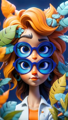 1girl,solo,long hair,looking at viewer,smile,blue eyes,brown hair,shirt,hair ornament,animal ears,jewelry,closed mouth,collarbone,upper body,flower,earrings,open clothes,glasses,collared shirt,artist name,hair flower,orange hair,blurry,lips,makeup,animal,leaf,watermark,blue background,thick eyebrows,plant,lipstick,portrait,freckles,fish,round eyewear,orange shirt,blue-framed eyewear,blue-tinted eyewear,white shirt,eyelashes,nose